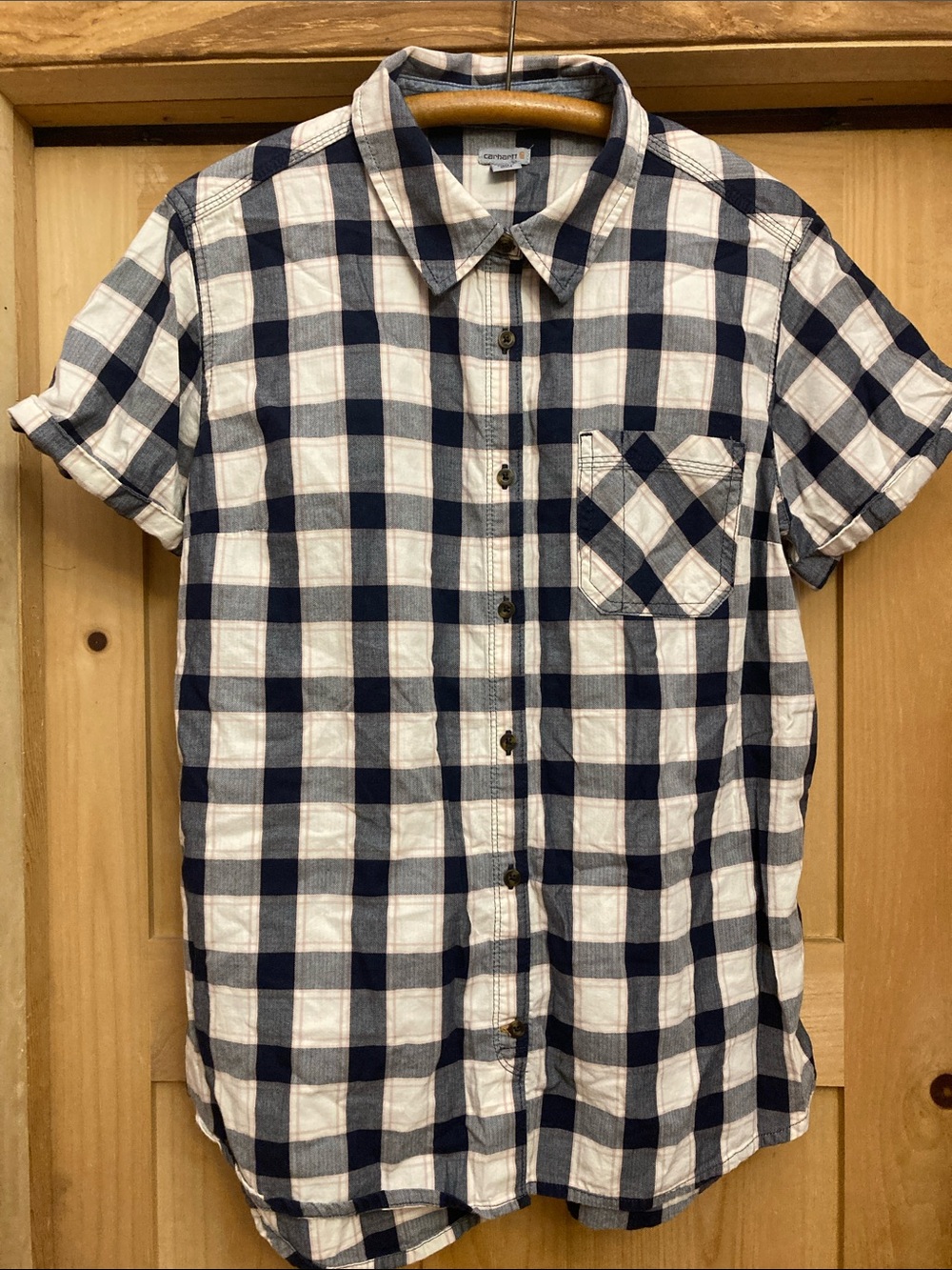 Carhartt Navy, White and Pink Plaid Short-Sleeve Button-Down Shirt